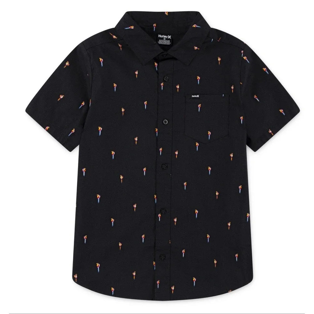 Hurley Boys Black Woven‎ Button Down Shirt Multi Color Parrots Size XL New